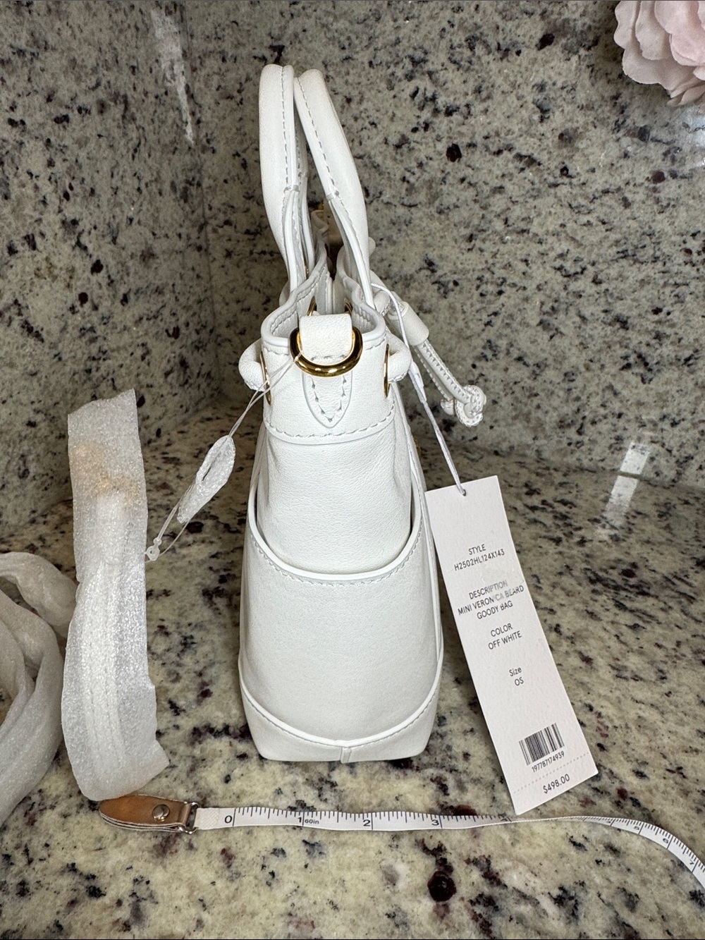 Veronica Beard “Mini Goody Bag” White Leather Drawstring Crossbody Bucket Bag. - Picture 7 of 16